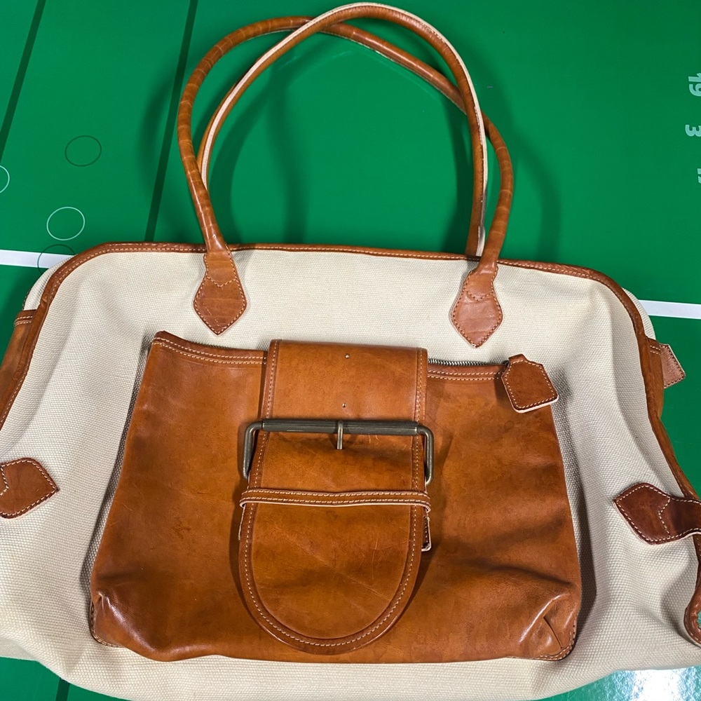 Tan and Cream Leather & Canvas Unisex Tote Bag ROBERTO MENGONI MADE IN ITALY